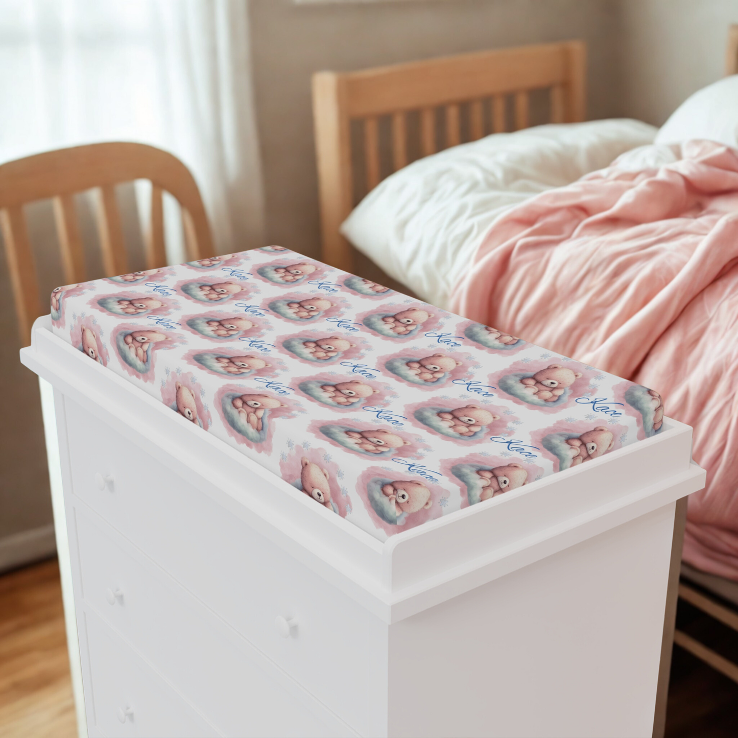 Changing Pad Cover — Pink Watercolor Teddy Bear "Love" Pattern