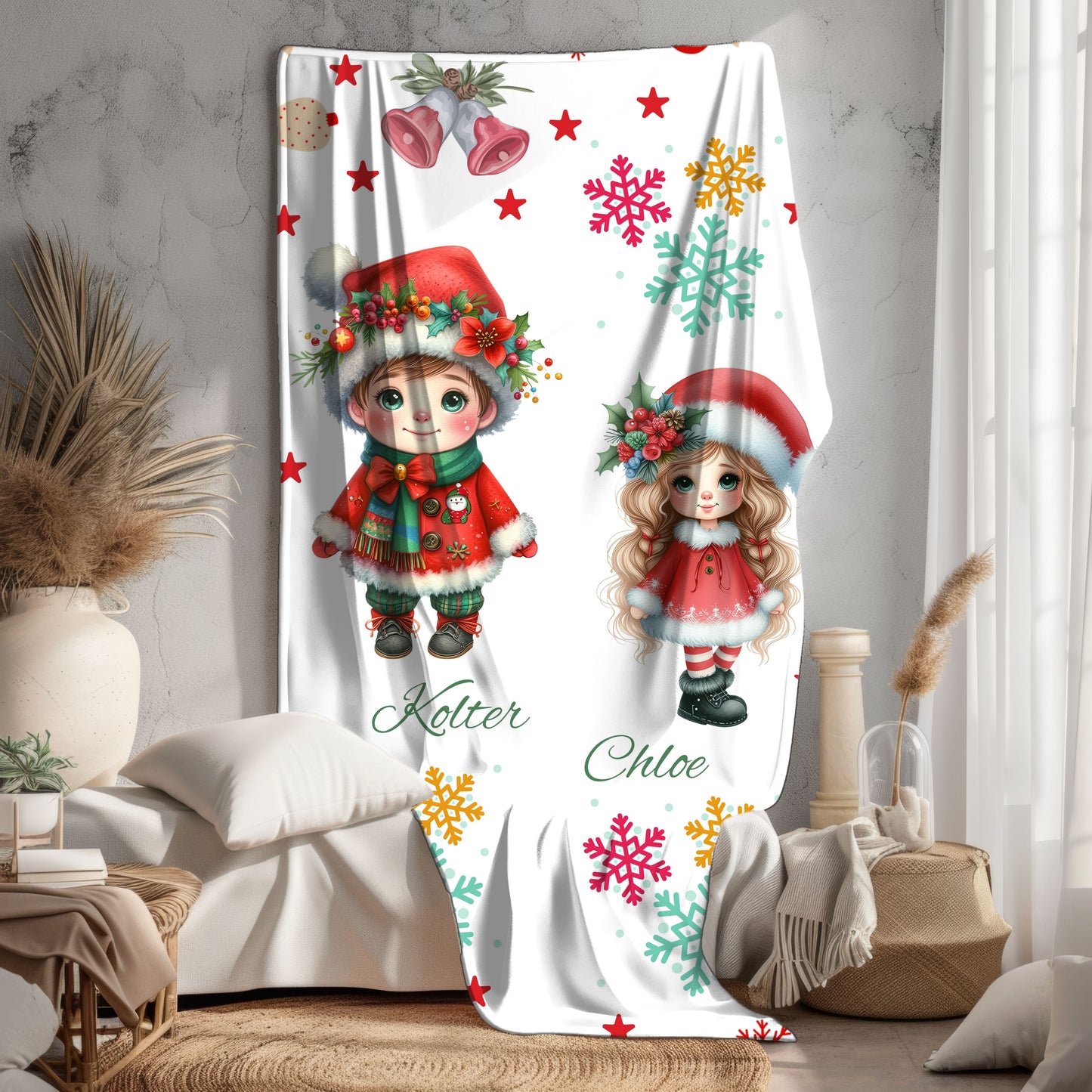Personalized Christmas Velveteen Plush Blanket with Cute Holiday Dolls