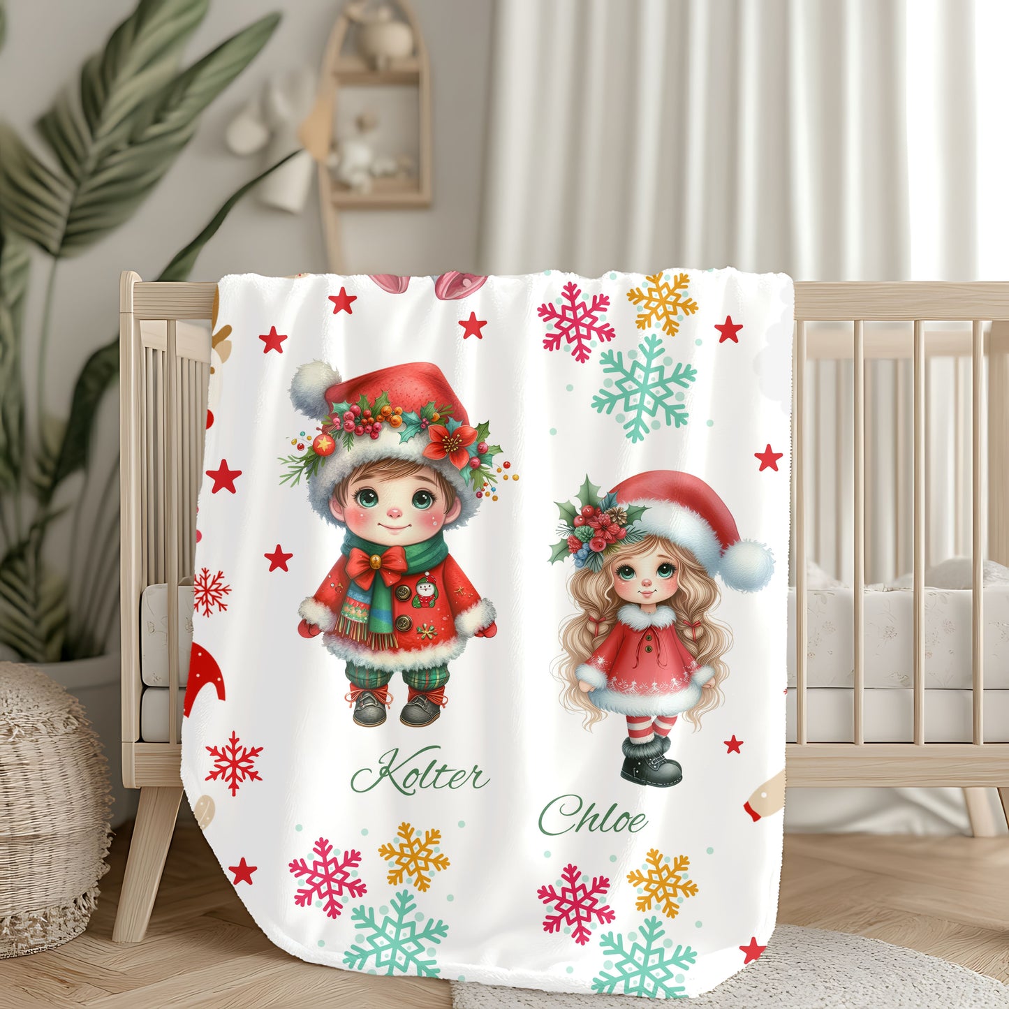 Personalized Christmas Velveteen Plush Blanket with Cute Holiday Dolls