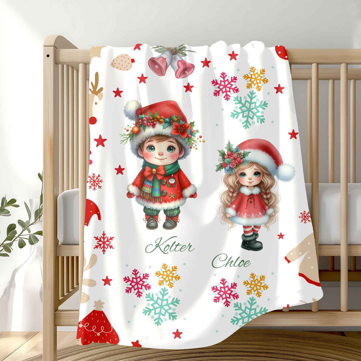 Personalized Christmas Velveteen Plush Blanket with Cute Holiday Dolls