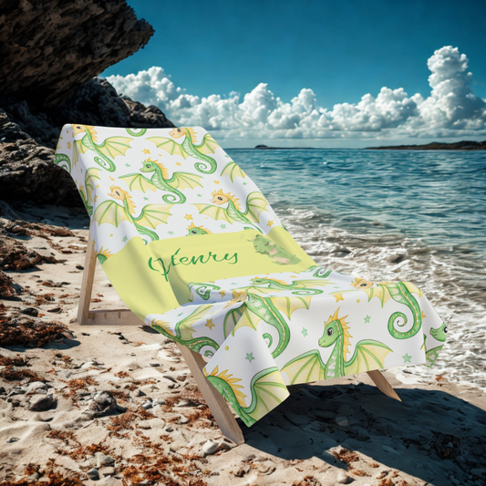 Personalized Green Sea Dragon Beach Towel - Floral Nautical Summer Towel