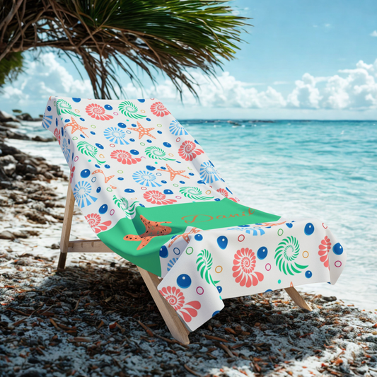 Personalized Starfish Beach Towel – Nautical Seashell Pattern, Custom Name Option