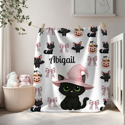 Personalized Halloween Plush Blanket, Custom Cat Blanket, Cozy Throw for Kids, Spooky Decor, Cute Gifts