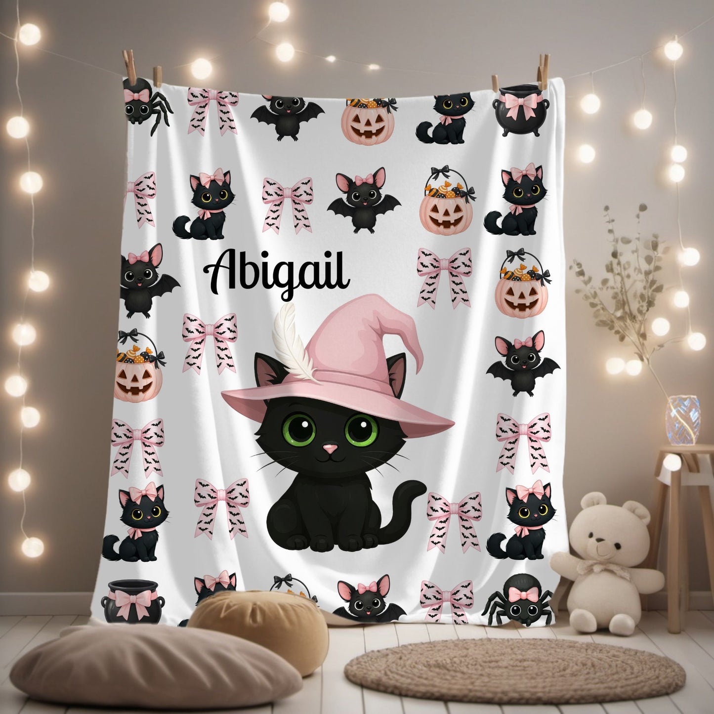 Personalized Halloween Plush Blanket, Custom Cat Blanket, Cozy Throw for Kids, Spooky Decor, Cute Gifts
