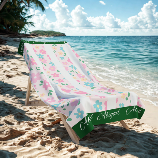 Floral Stripes Beach Towel – Pink & Mint Flowers with Green Trim