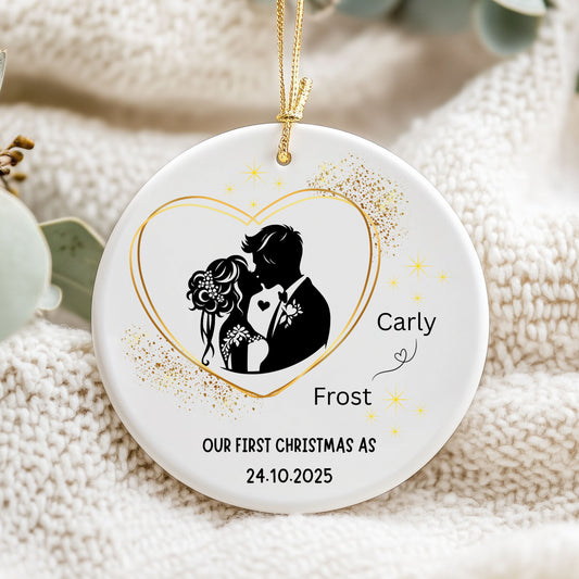 Personalized Wedding Ornament, First Christmas Together, Couples Gift, Ceramic Tree Decor, Heart Shape Keepsake