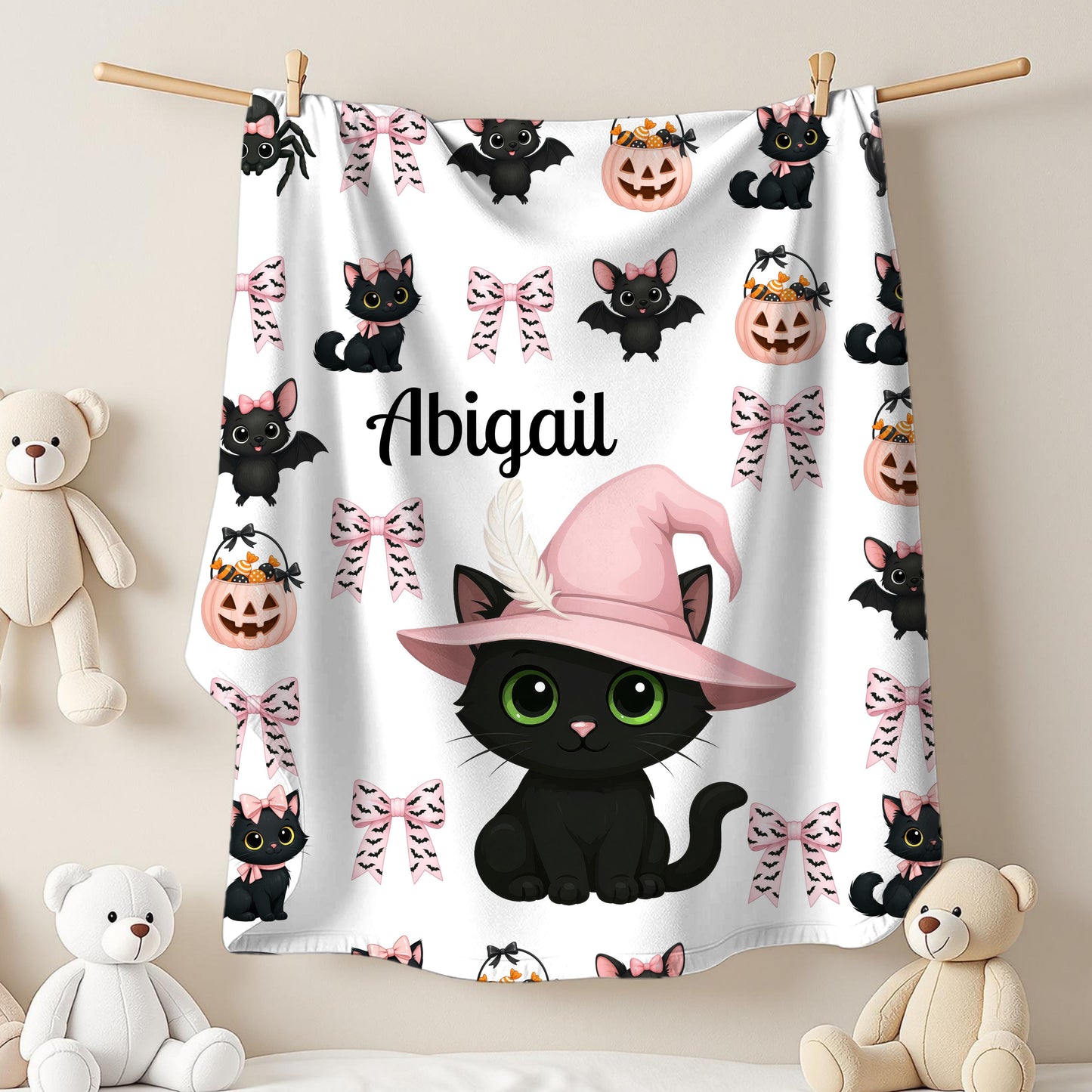 Personalized Halloween Plush Blanket, Custom Cat Blanket, Cozy Throw for Kids, Spooky Decor, Cute Gifts
