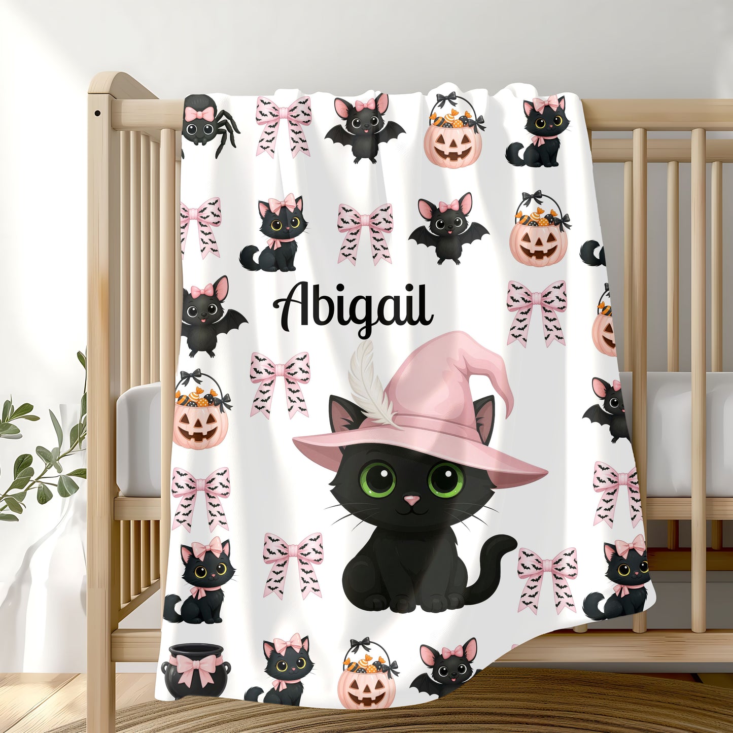 Personalized Halloween Plush Blanket, Custom Cat Blanket, Cozy Throw for Kids, Spooky Decor, Cute Gifts