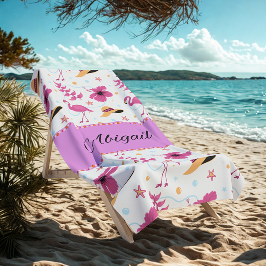 Personalized Pink Flamingo Beach Towel — Custom Name Tropical Hibiscus Design