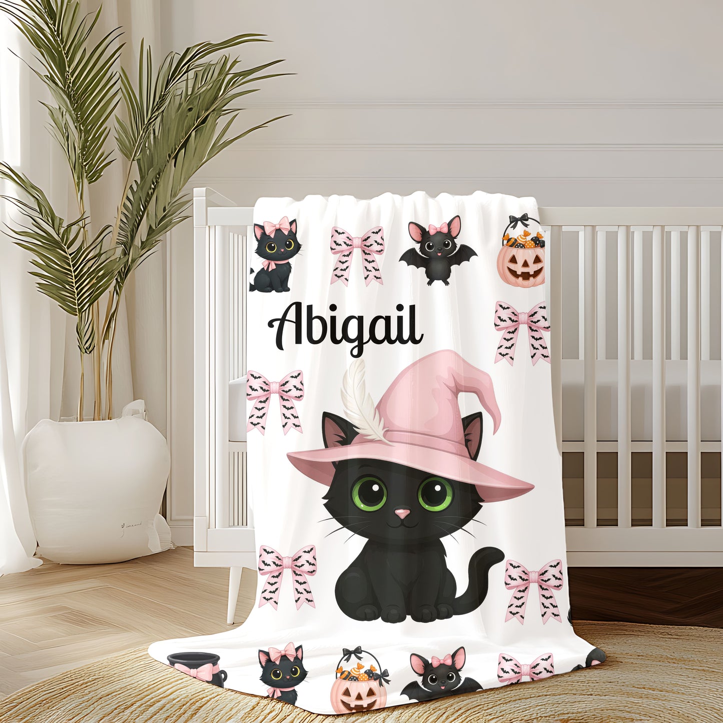 Personalized Halloween Plush Blanket, Custom Cat Blanket, Cozy Throw for Kids, Spooky Decor, Cute Gifts