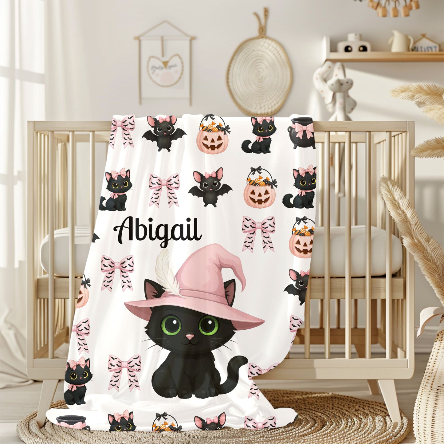 Personalized Halloween Plush Blanket, Custom Cat Blanket, Cozy Throw for Kids, Spooky Decor, Cute Gifts