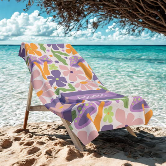 Personalized Floral Beach Towel — Custom Name Tropical Flower Pattern