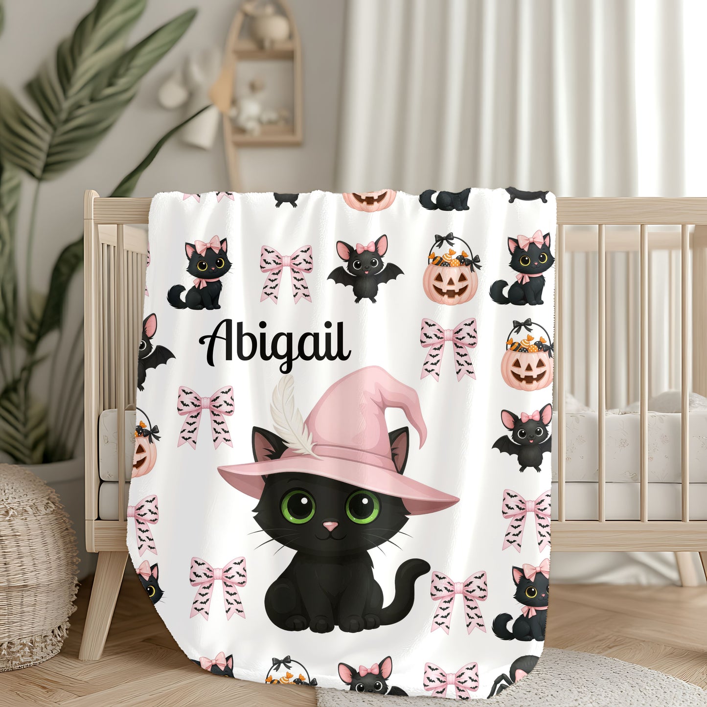 Personalized Halloween Plush Blanket, Custom Cat Blanket, Cozy Throw for Kids, Spooky Decor, Cute Gifts