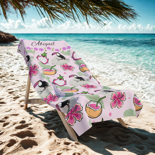 Personalized Tropical Flamingo Beach Towel — Pink Hibiscus & Dragon Fruit Design