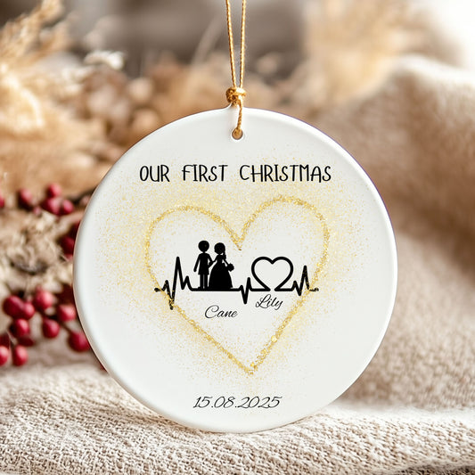 Personalized First Christmas Ceramic Ornament | Wedding Keepsake, Holiday Decoration, Heart Design, Gift for Couples, Home Decor