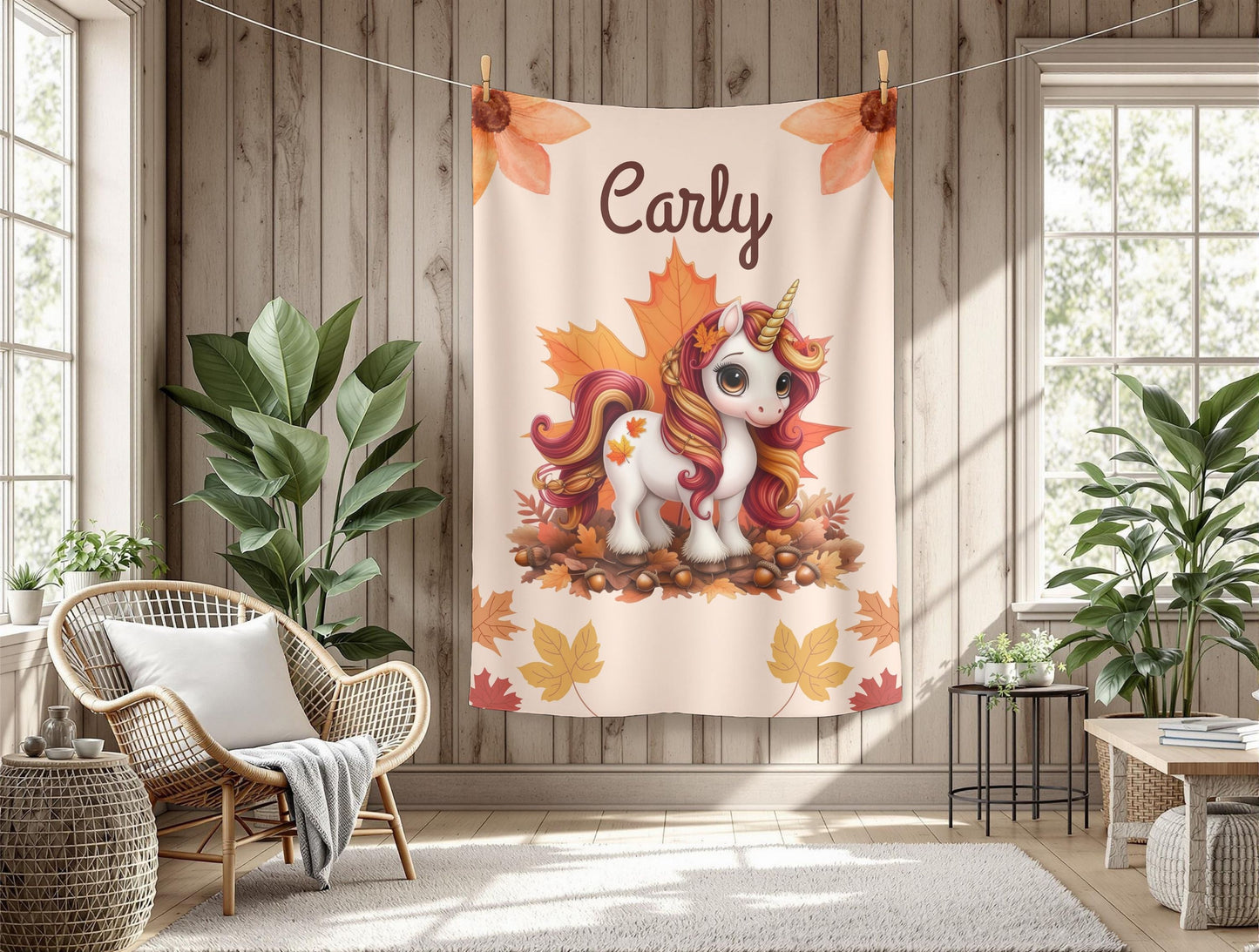 Personalized Unicorn Velveteen Plush Blanket, Cozy Kids Throw, Autumn Decor, Custom Baby Blanket, Ideal Gift for Fall Celebrations