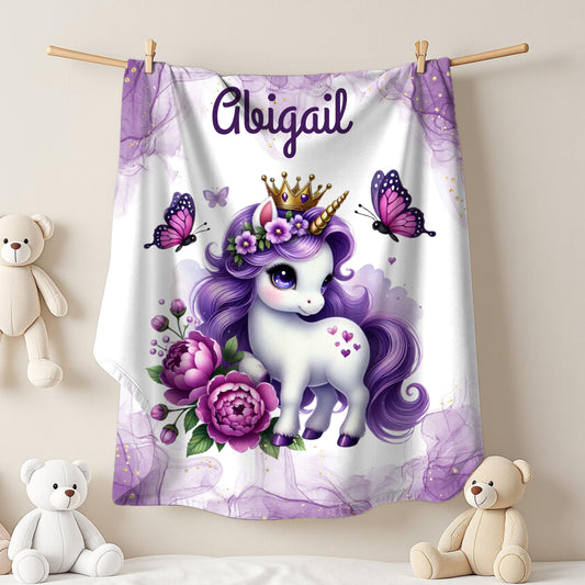 Personalized Unicorn Velveteen Plush Blanket, Cozy Kids Blanket, Birthday Gift, Nursery Decor, Soft Throw Blanket
