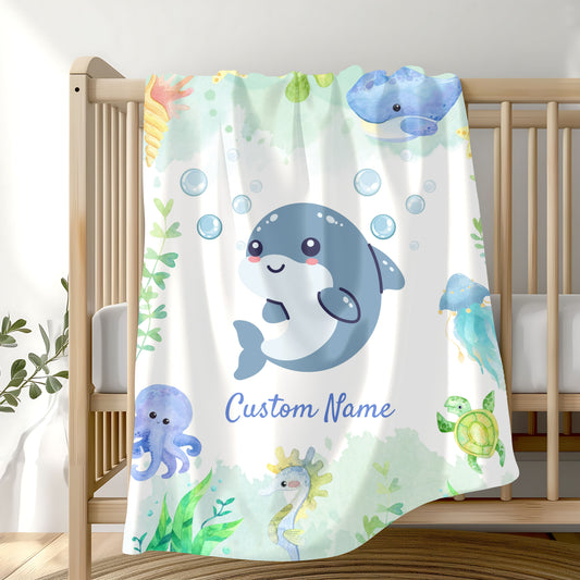 Customizable Velveteen Plush Blanket with Cute Marine Design, Ideal for Kids' Rooms, Gifts for Birthdays, Showers, and Holidays, Cozy Decor