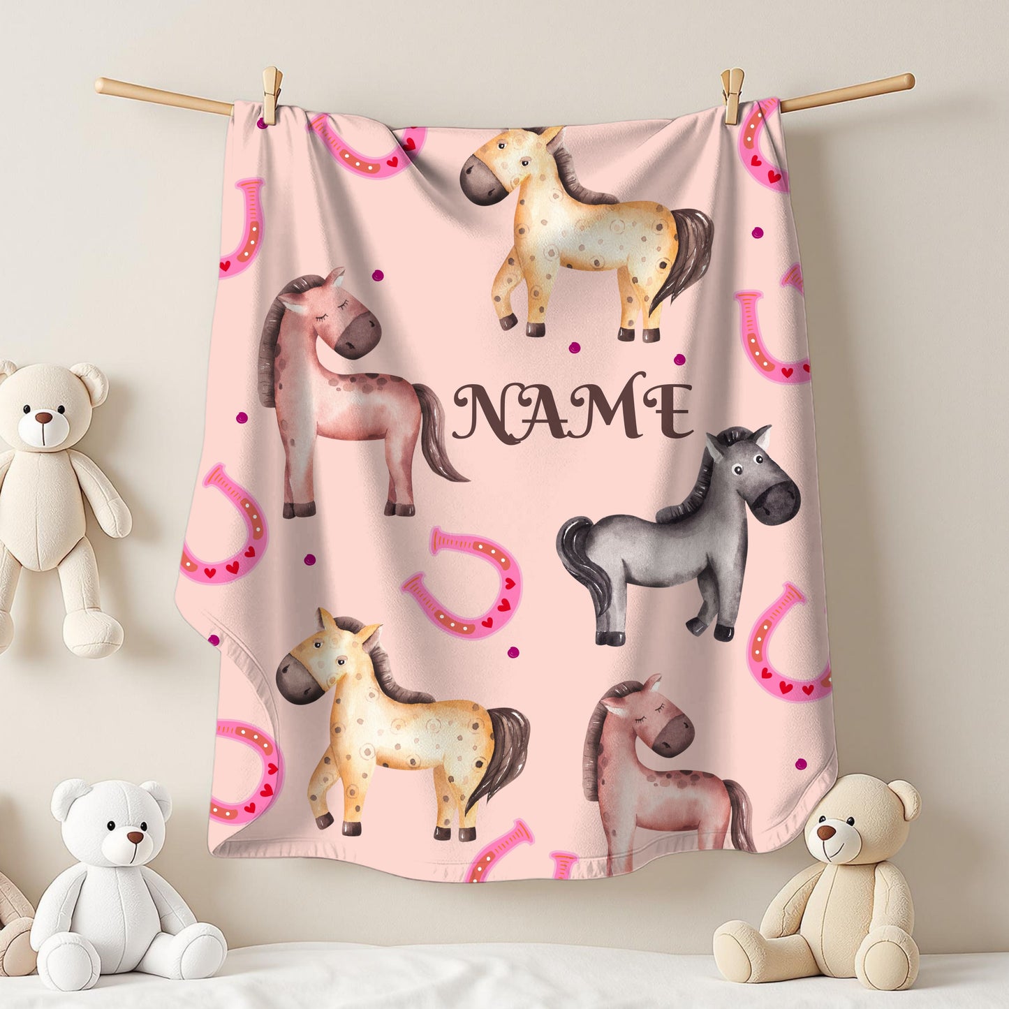 Personalized Horse-Themed Velveteen Plush Blanket, Cozy Nursery Décor, Gifts for Kids, Horse Lover's Gift, Animal Lover Blanket