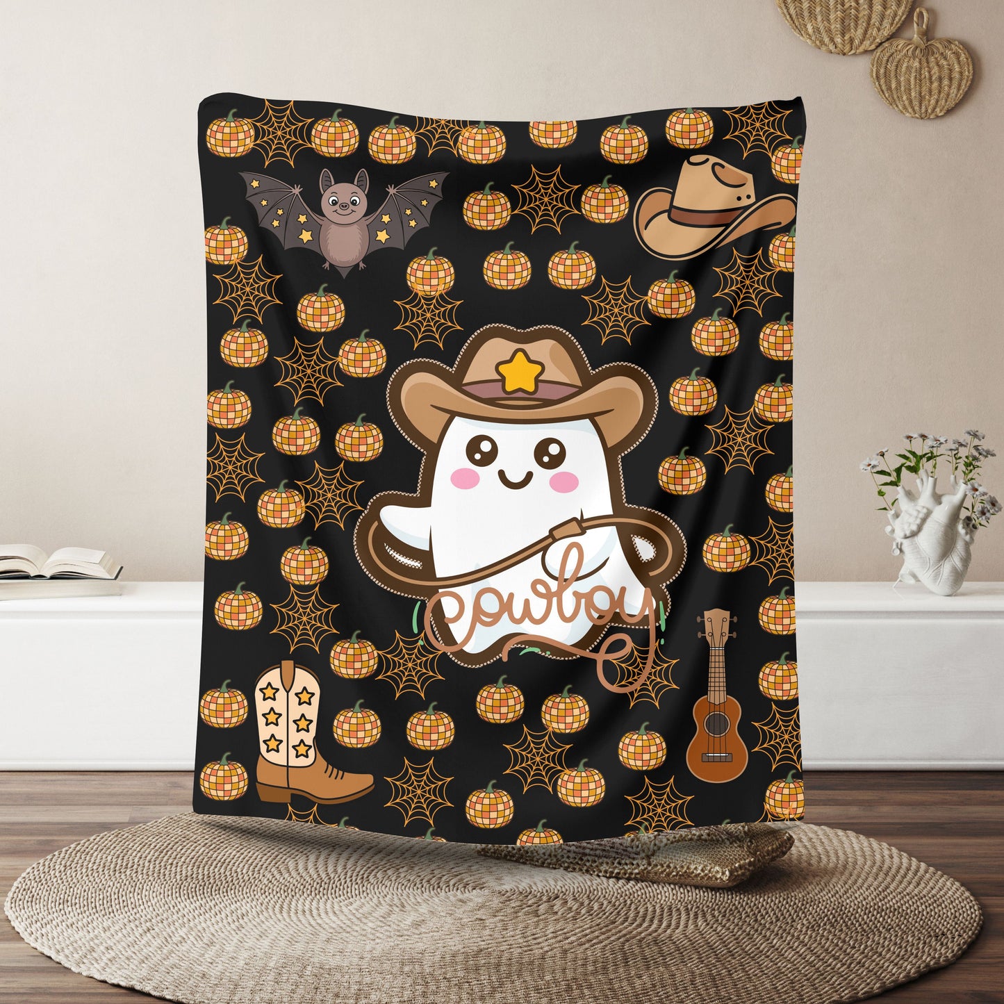 Cowboy Ghost Plush Blanket, Cozy Throw, Halloween Decor, Gift for Kids, Cute Home Accessory, Soft Blanket for Fall