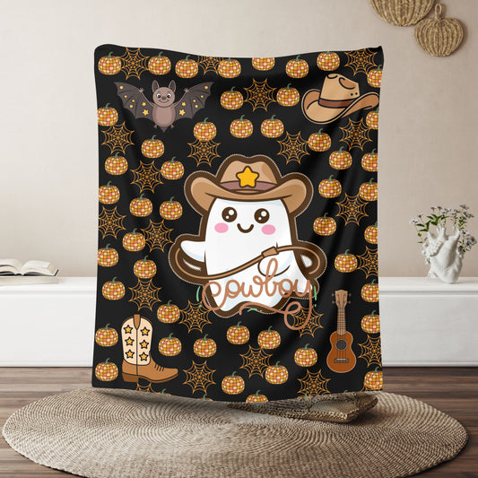 Cowboy Ghost Plush Blanket, Cozy Throw, Halloween Decor, Gift for Kids, Cute Home Accessory, Soft Blanket for Fall
