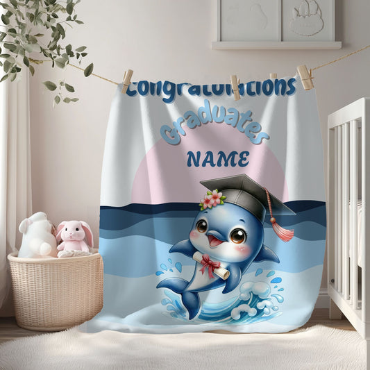 Personalized Graduation Dolphin Plush Blanket, Soft Velveteen Throw, Gift for Graduates, Kids Dorm Decor, Beach Vibes Blanket