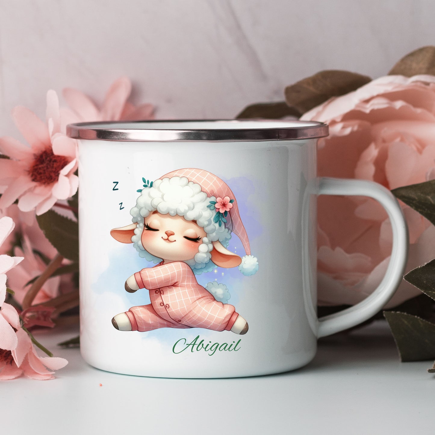 Personalized Enamel Camping Mug with Sleepy Sheep Design