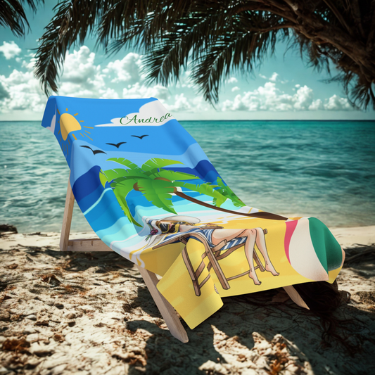 Personalized Tropical Beach Towel - 'Andrea' Sunny Palm Tree & Relaxing Lounger Design