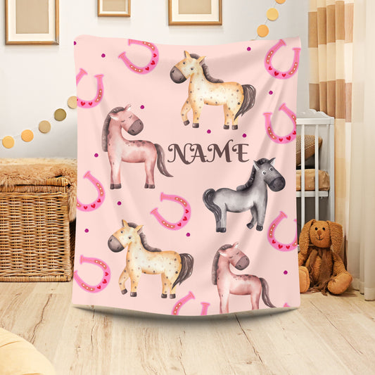 Personalized Horse-Themed Velveteen Plush Blanket, Cozy Nursery Décor, Gifts for Kids, Horse Lover's Gift, Animal Lover Blanket