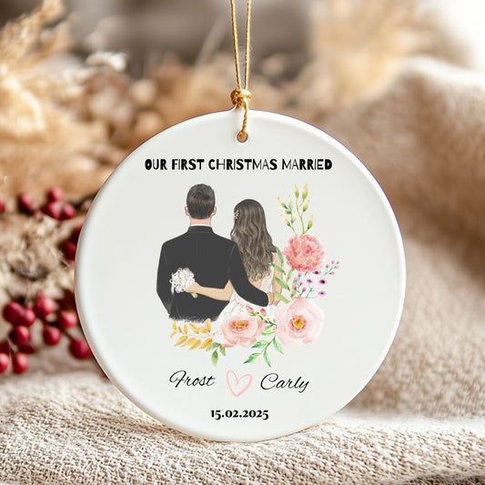 Personalized Wedding Ornament, First Christmas Married Decoration, Newlywed Gift, Couple Keepsake, Floral Holiday Decor