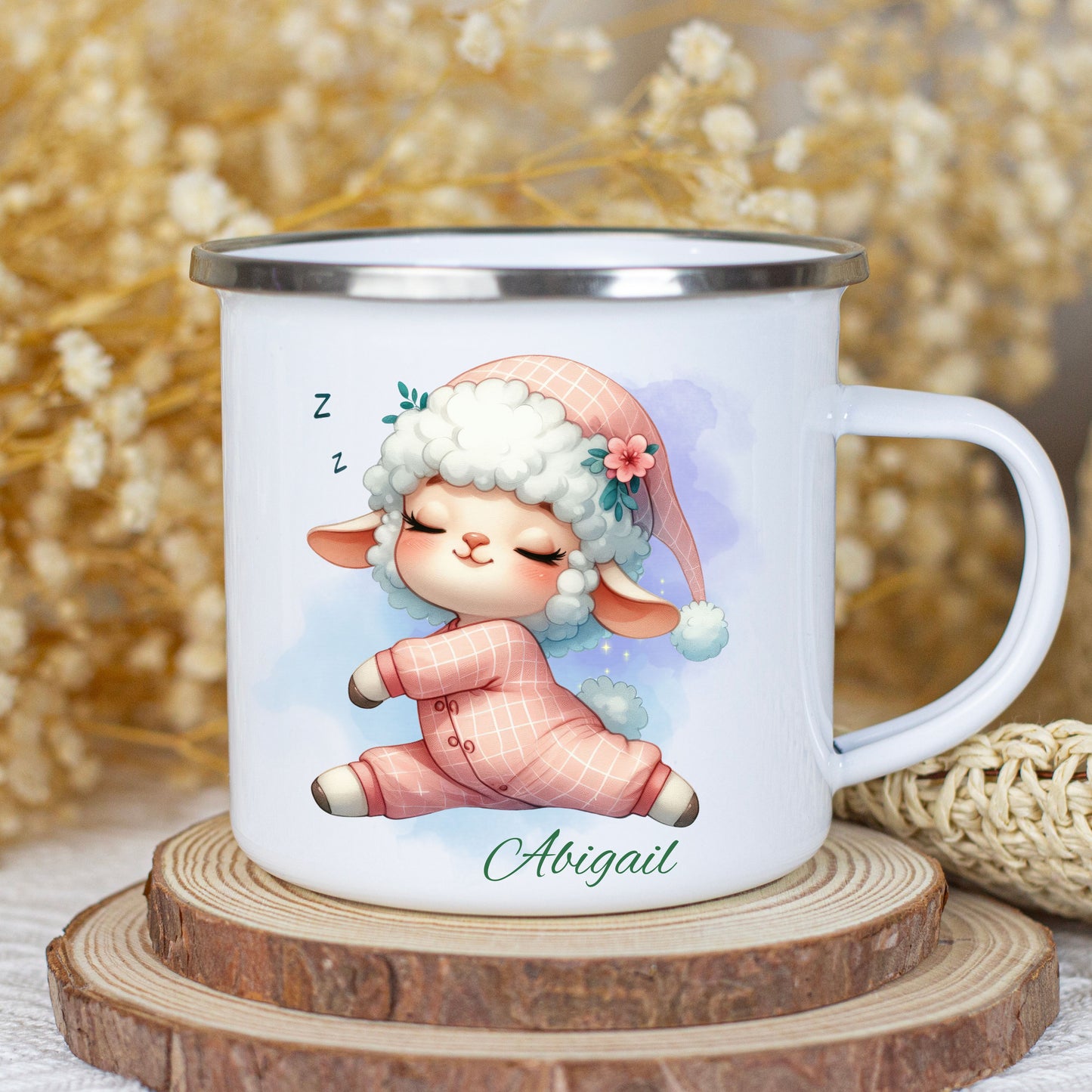 Personalized Enamel Camping Mug with Sleepy Sheep Design