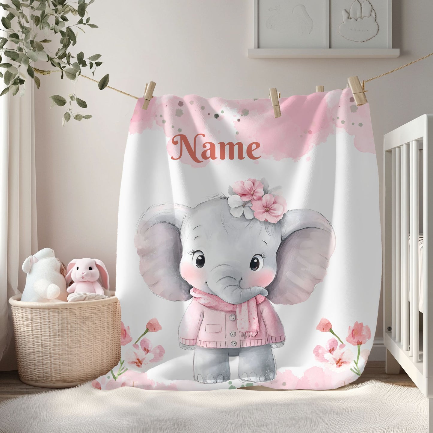 Personalized Baby Elephant Velveteen Plush Blanket, Custom Nursery Blanket, Baby Shower Gift, Cozy Snuggle Blanket, Childrens Home Decor