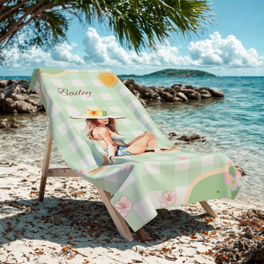 Personalized Pin-Up Beach Towel — Retro Sun & Gingham Swim Girl Design