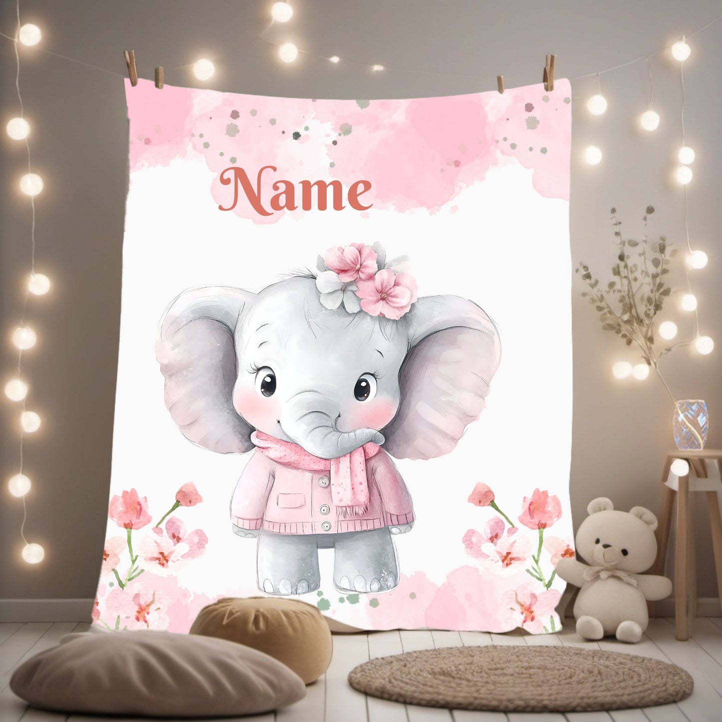 Personalized Baby Elephant Velveteen Plush Blanket, Custom Nursery Blanket, Baby Shower Gift, Cozy Snuggle Blanket, Childrens Home Decor