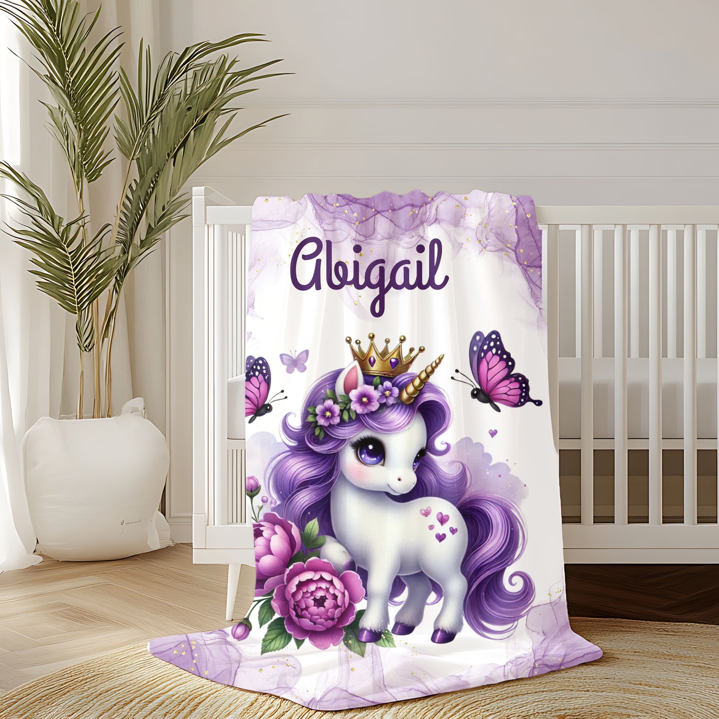Personalized Unicorn Velveteen Plush Blanket, Cozy Kids Blanket, Birthday Gift, Nursery Decor, Soft Throw Blanket