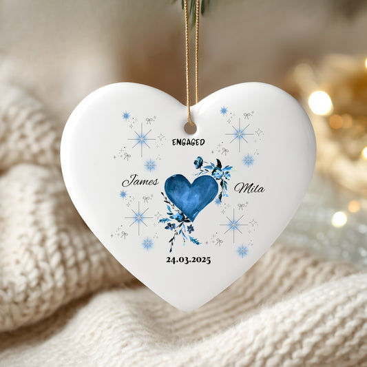 Engagement Heart Ceramic Ornament, Custom Personalized Keepsake, Wedding Gift, Couples Decor, Holiday Ornament