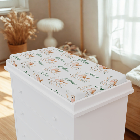 Personalized Baby Changing Pad Cover — Watercolor Bunny Floral Name Design