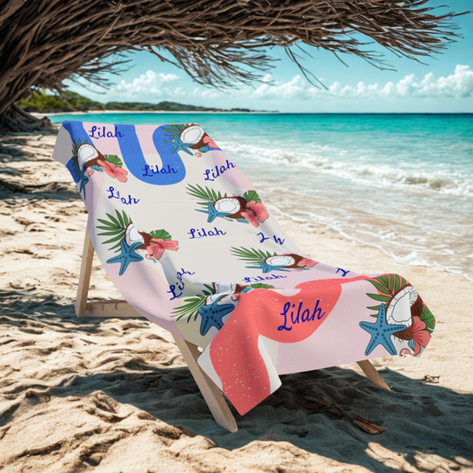 Tropical Coconut Beach Towel — Personalized “Lilah” Floral Surf Design