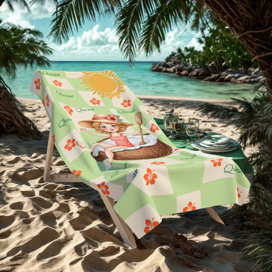 Cute Tropical Girl Beach Towel - 'Queenie' Sun & Coconut Design