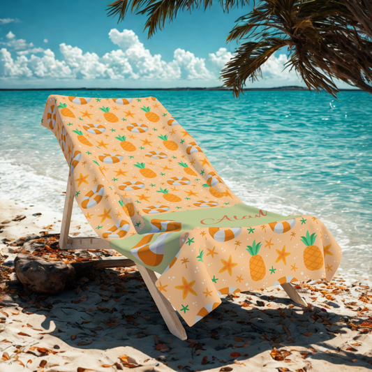 Personalized Pineapple & Lifesaver Beach Towel — Custom Name Tropical Summer Towel