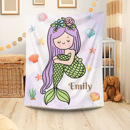 Mermaid Plush Blanket, Kids Throw Blanket, Personalized Blanket, Cozy Home Decor, Gift for Girls