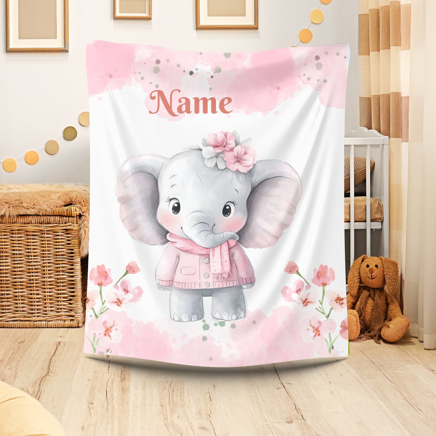 Personalized Baby Elephant Velveteen Plush Blanket, Custom Nursery Blanket, Baby Shower Gift, Cozy Snuggle Blanket, Childrens Home Decor
