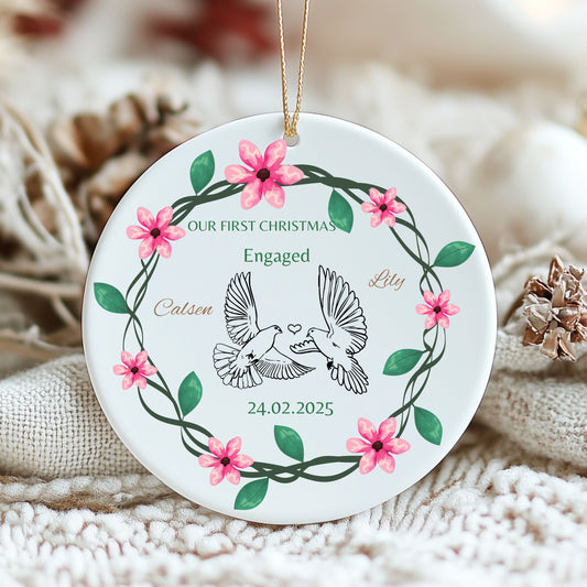 Personalized Engagement Ceramic Ornament | First Christmas Keepsake, Holiday Decor, Custom Gift, Wedding Memento, Love Decoration