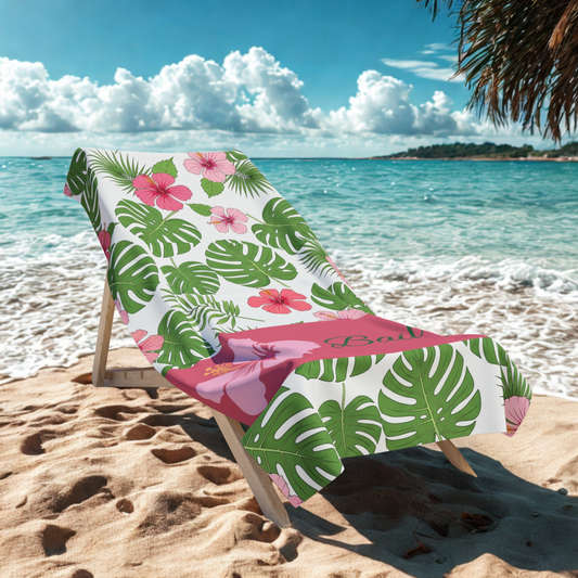 Personalized Tropical Hibiscus Beach Towel – Monstera Leaf & Pink Floral Design