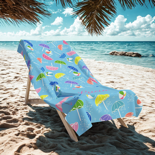 Personalized Blue Beach Towel with Colorful Umbrella & Beach Ball Pattern — Custom Name Option