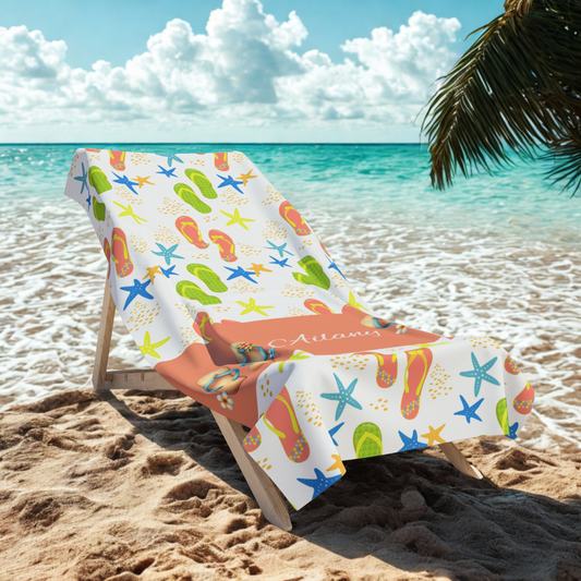 Personalized Flip Flop Beach Towel – Colorful Summer Sandals & Starfish Design