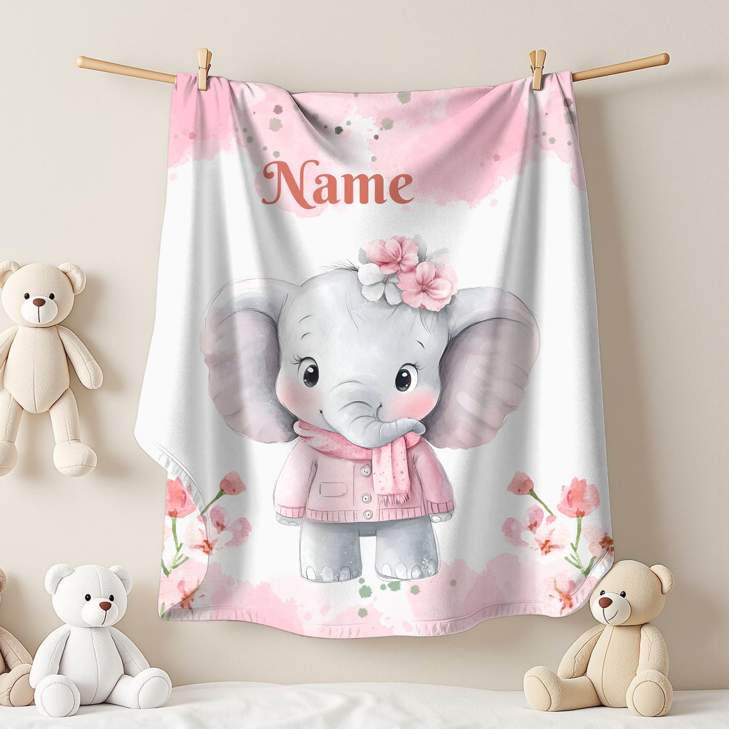 Personalized Baby Elephant Velveteen Plush Blanket, Custom Nursery Blanket, Baby Shower Gift, Cozy Snuggle Blanket, Childrens Home Decor