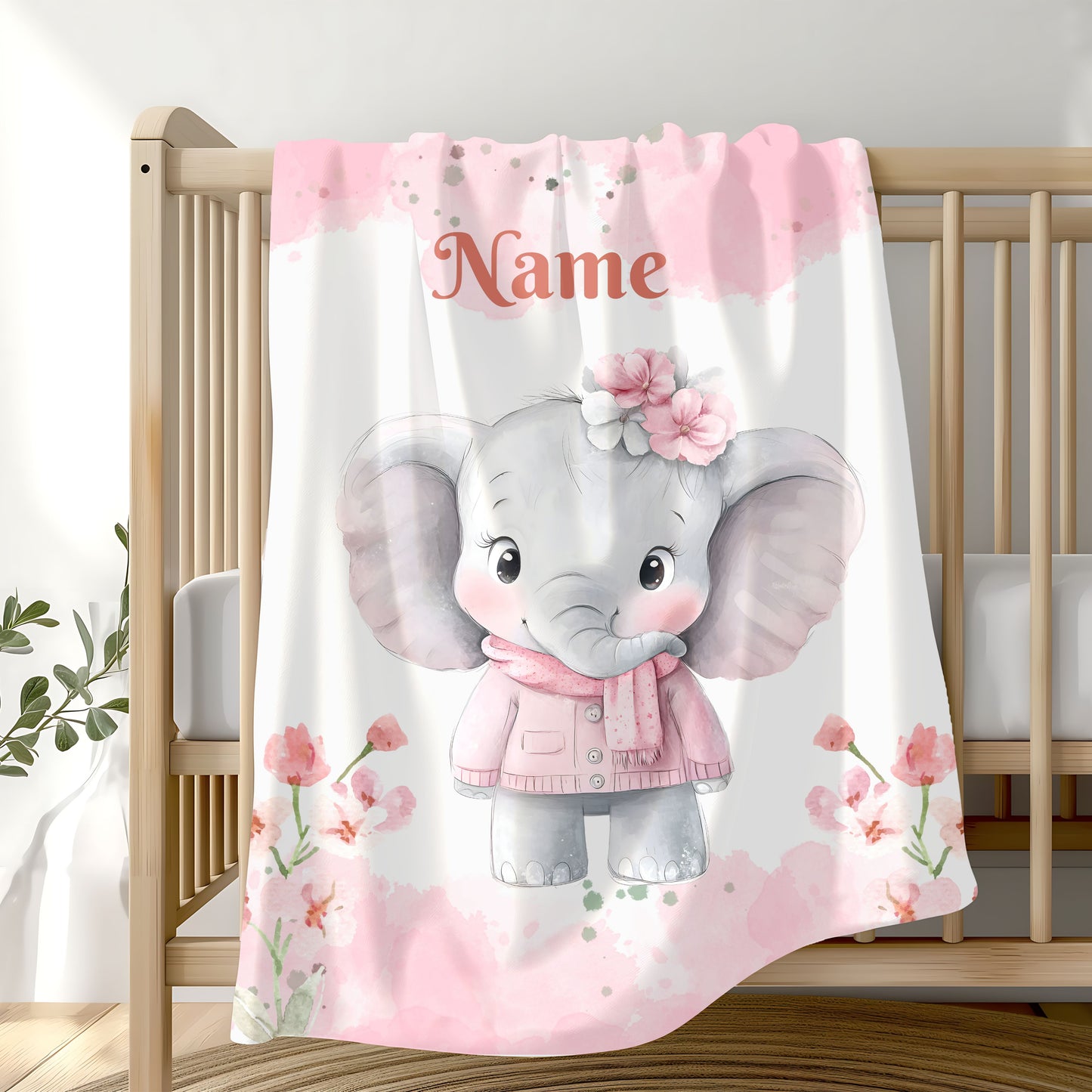 Personalized Baby Elephant Velveteen Plush Blanket, Custom Nursery Blanket, Baby Shower Gift, Cozy Snuggle Blanket, Childrens Home Decor