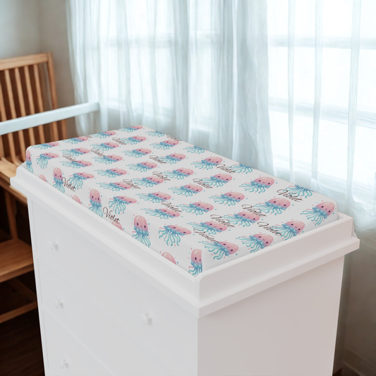 Pink Jellyfish Baby Changing Pad Cover – Marine Nursery Waterproof Crib Mattress Protector