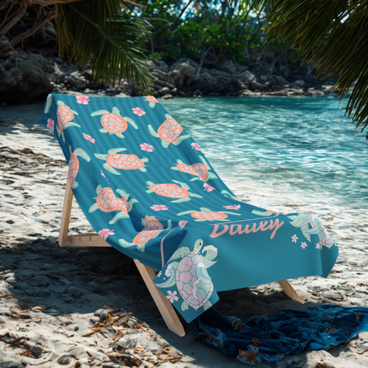 Sea Turtle Beach Towel — Personalized Tropical Floral Ocean Design